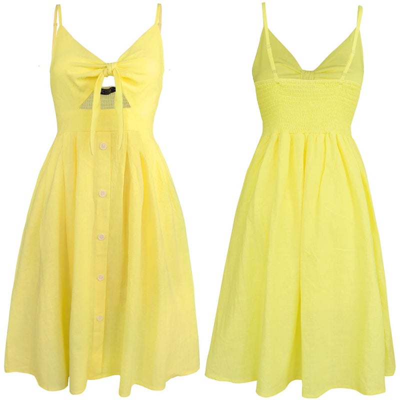 FANCYINN Womens Summer Dresses Yellow Tie Front Button Down Spaghetti Strap Midi Dress Yellow M - Image 4